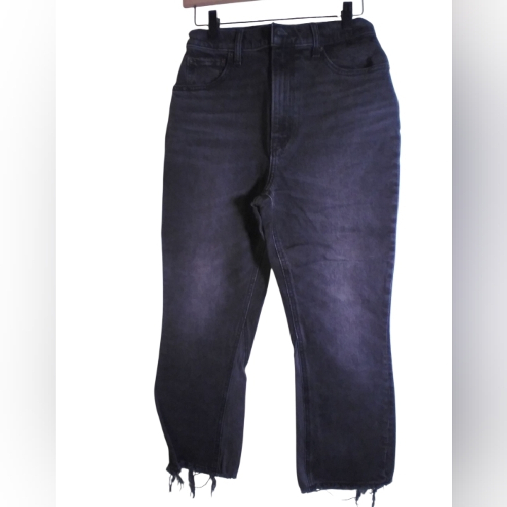 Ambercrombie & Finch The Kick Flare Ultra High Rise Black Denim Jean Raw Hem 27